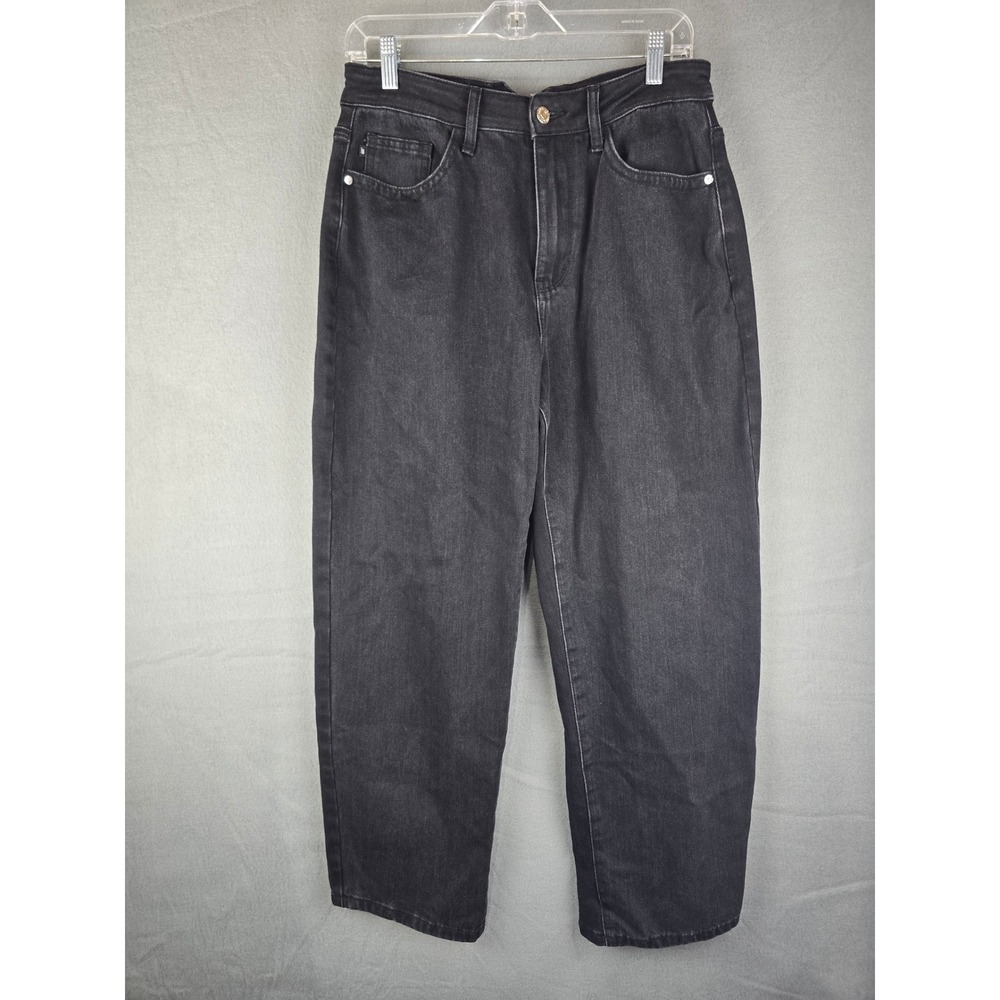 Judy Blue Marlow Arc Leg Jeans Size 7/28 High Waist Black Barrel Wide Denim